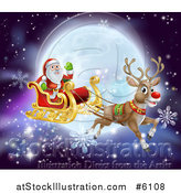 Vector Illustration of a Red Nosed Reindeer Flying Santa in a Sleigh over a Full Moon by AtStockIllustration