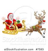 Vector Illustration of a Red Nosed Reindeer, Rudolph, Flying Santa in a Sleigh by AtStockIllustration