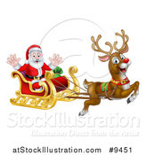 Vector Illustration of a Red Nosed Reindeer, Rudolph, Flying Santa in a Sleigh by AtStockIllustration