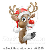 Vector Illustration of a Red Nosed Reindeer Wearing a Christmas Santa Hat and Looking Around a Sign by AtStockIllustration