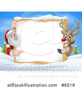 Vector Illustration of a Reindeer and Santa Pointing Around a Christmas Wood Sign in the Snow Against Blue Sky by AtStockIllustration