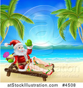 Vector Illustration of a Relaxed Santa Holding a Cocktail and Sun Bathing on a Tropical Beach by AtStockIllustration