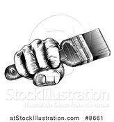 Vector Illustration of a Retro Black and White Woodcut Fisted Hand Holding a Paintbrush by AtStockIllustration