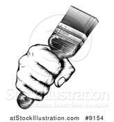 Vector Illustration of a Retro Black and White Woodcut Fisted Hand Holding up a Paintbrush by AtStockIllustration