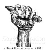 Vector Illustration of a Retro Black and White Woodcut or Engraved Fisted Hand Holding a Pencil by AtStockIllustration