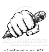 Vector Illustration of a Retro Black and White Woodcut or Engraved Fisted Hand Holding a Pencil by AtStockIllustration