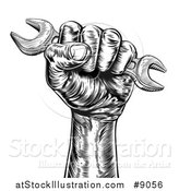 Vector Illustration of a Retro Black and White Woodcut or Engraved Fisted Hand Holding up a Spanner Wrench by AtStockIllustration