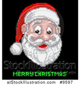 Vector Illustration of a Retro Pixelated Santa Claus Face over Merry Christmas Text on Black by AtStockIllustration