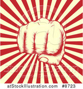 Vector Illustration of a Retro Woodcut or Engraved Revolutionary Fist over Beige and Red Rays by AtStockIllustration