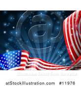 Vector Illustration of a Rippling American Flag over Dark Blue Rays and Flares by AtStockIllustration