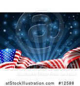 Vector Illustration of a Rippling American Flag over Dark Blue Rays and Flares by AtStockIllustration