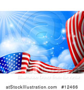 Vector Illustration of a Rippling American Flag Under Blue Sky with Rays of Sunshine by AtStockIllustration