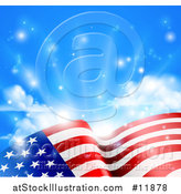 Vector Illustration of a Rippling American Flag Under Blue Sky with Sunshine by AtStockIllustration