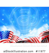 Vector Illustration of a Rippling American Flag Under Blue Sky with Sunshine by AtStockIllustration