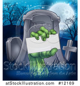 Vector Illustration of a Rising Zombie Hand Holding a Blank Card in a Cemetery by AtStockIllustration