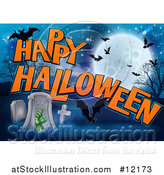 Vector Illustration of a Rising Zombie Hand in a Cemetery, with Happy Halloween Text and Bats by AtStockIllustration