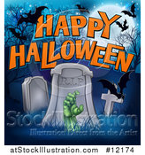 Vector Illustration of a Rising Zombie Hand in a Cemetery, with Happy Halloween Text and Bats by AtStockIllustration