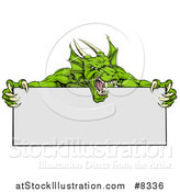 Vector Illustration of a Roaring Green Horned Dragon Mascot Holding a Blank Sign by AtStockIllustration