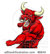 Vector Illustration of a Roaring Muscular Red Bull Man or Minotaur Mascot Punching by AtStockIllustration