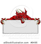 Vector Illustration of a Roaring Red Horned Dragon Mascot Holding a Blank Sign by AtStockIllustration