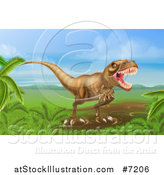 Vector Illustration of a Roaring Vicious Tyrannosaurus Rex Dinosaur in a Landscape by AtStockIllustration