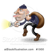 Vector Illustration of a Robber Carrying a Bag over His Shoulder and Using a Flashlight by AtStockIllustration