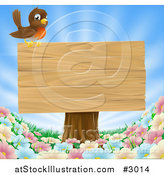 Vector Illustration of a Robin Perched on a Blank Wood Sign on a Tree Stump over Spring Flowers by AtStockIllustration