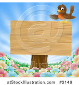 Vector Illustration of a Robin Presenting on a Blank Wood Sign on a Tree Stump over Spring Flowers by AtStockIllustration