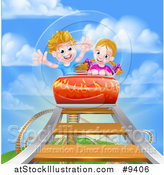 Vector Illustration of a Roller Coaster Ride, Against a Blue Sky with Clouds by AtStockIllustration