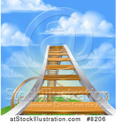 Vector Illustration of a Roller Coaster Track Leading up to the High Point, Against a Blue Sky with Puffy Clouds and Sun Rays by AtStockIllustration