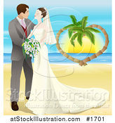 Vector Illustration of a Romantic Newlywed Couple Gazing and Standing on a Tropical Beach by AtStockIllustration