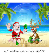 Vector Illustration of a Rudolph Red Nosed Reindeer and Santa Claus Making a Sand Castle on a Tropical Beach by AtStockIllustration