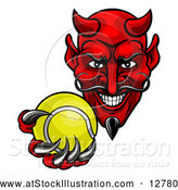 Vector Illustration of a Ruthless Tennis Devil Grinning While Gripping Ball by AtStockIllustration