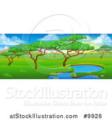 Vector Illustration of a Safari Landscape with a Pond, Trees and Mountains by AtStockIllustration