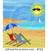 Vector Illustration of a Sailboat, Happy Sun and Chairs on a Beach by AtStockIllustration