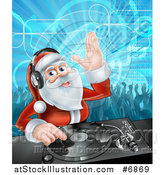 Vector Illustration of a Santa Claus Dj Mixing Christmas Music on a Turntable with People Dancing in the Background by AtStockIllustration