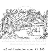 Vector Illustration of a Scne of the Wolf and the Three Pigs in Their Brick, Wood and Straw Houses, Black and White by AtStockIllustration