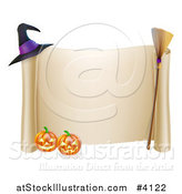 Vector Illustration of a Scroll Sign with a Witch Hat Broom and Halloween Pumpkins by AtStockIllustration