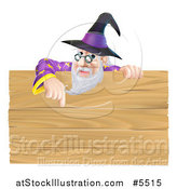 Vector Illustration of a Senior Male Wizard Pointing down at a Wooden Sign by AtStockIllustration