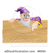 Vector Illustration of a Senior Male Wizard Pointing down at a Wooden Sign by AtStockIllustration