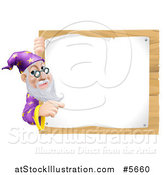 Vector Illustration of a Senior Wizard Pointing Around a Posted Notice Sign on Wood by AtStockIllustration