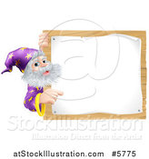 Vector Illustration of a Senior Wizard Pointing Around a Posted Notice Sign on Wood by AtStockIllustration