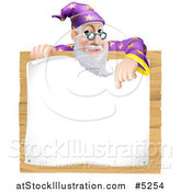 Vector Illustration of a Senior Wizard Pointing down to a Posted Notice Sign on Wood by AtStockIllustration