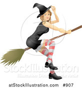 Vector Illustration of a Sexy Blond Witch in a Tight Black Dress, Stockings, Hat and Black Shoes, Flying Through the Sky on a Broom by AtStockIllustration