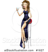 Vector Illustration of a Sexy Brunette Woman in a Long Dress, Holding a Cocktail and Sitting on a Stool by AtStockIllustration