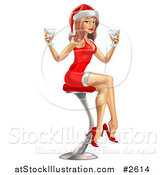 Vector Illustration of a Sexy Christmas Pinup in a Santa Hat and Red Dress Sitting with Drinks by AtStockIllustration