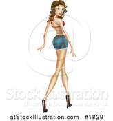 Vector Illustration of a Sexy Pinup Woman Walking in Heels and Daisy Duke Denim Shorts by AtStockIllustration