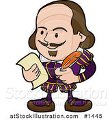 Vector Illustration of a Shakespeare with a Beard and Mustache, Holding a Quill Pen and a Piece of Paper by AtStockIllustration