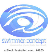Vector Illustration of a Shiny Gradient Blue Abstract Swimmer Doing the Butterfly in Waves over Sample Text by AtStockIllustration