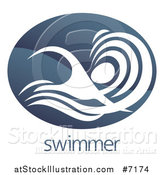 Vector Illustration of a Shiny Gradient Dark Blue Abstract Swimmer Doing the Butterfly in Waves over Sample Text by AtStockIllustration